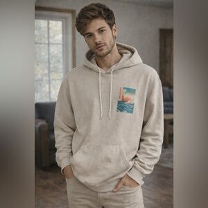 Bowery Supply Co Hoodie Mens Beige Graphic Pullover Streetwear Skate Casual